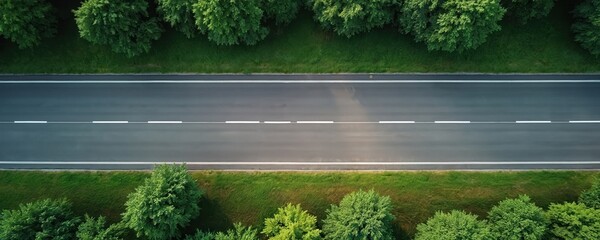 Naklejka premium Top view of an empty asphalt road passing through a green forest. This long straight highway connects distant destinations, offering freedom for travel and adventure.