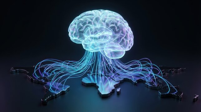 Artificial intelligence concept with brain connected to the world map