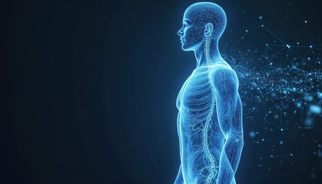 Holographic human body blueprint. Digital male figure displays circulatory and nervous systems in wireframe. Futuristic health and medical research concept art.