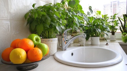 Fresh fruit bowl and plants adorn a kitchen sink with running water.
