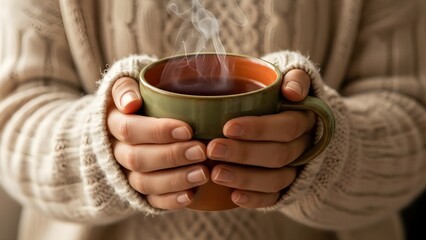 Close-up of hands in a cozy sweater holding a steaming cup of hot lemon tea with mint, creating a warm, comforting winter mood with soft light and relaxation atmosphere.