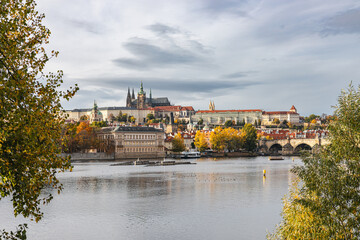 Riverside View Toward Prague Castle and Old Town in Czech Republic