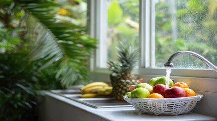 Fresh fruit gets washed under a tap in a kitchen with lush greenery outside.