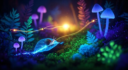 glowing mushrooms in the forest at night