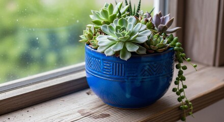 a small plant in a blue pot sitting on a window sie