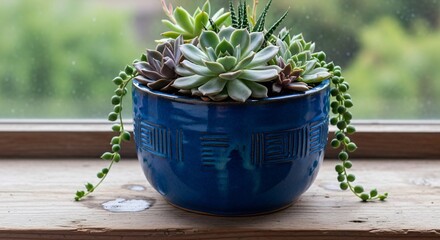 a small plant in a blue pot sitting on a window sie