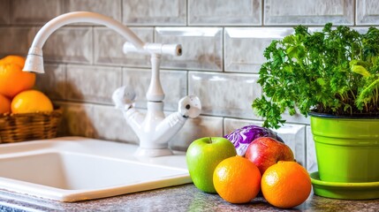 Fresh produce and herbs sit by a kitchen sink with a modern faucet.