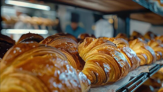 Freshly baked bread rolls on display at a bakery counter