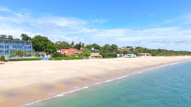 Aerial video taken with a drone on Santa Clara Beach on a sunny day with perfect weather next to the Pacific Ocean, in the province of Cocl&eacute;, in R&iacute;o Hato, Panama.	
