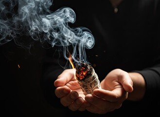 Person Holding Burning Sage Bundle With Wispy Smoke and Orange Flames Against Black Background in Soft Light