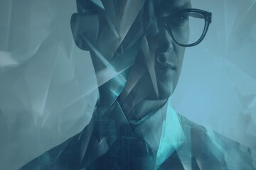 A determined businessman overlaid with abstract geometric patterns and cool blue tones, conveying innovation and modernity in a high-tech environment