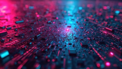Abstract close up of glowing circuit board with pink and blue lights. Detailed microchip pathways, futuristic tech pattern, digital data flow.