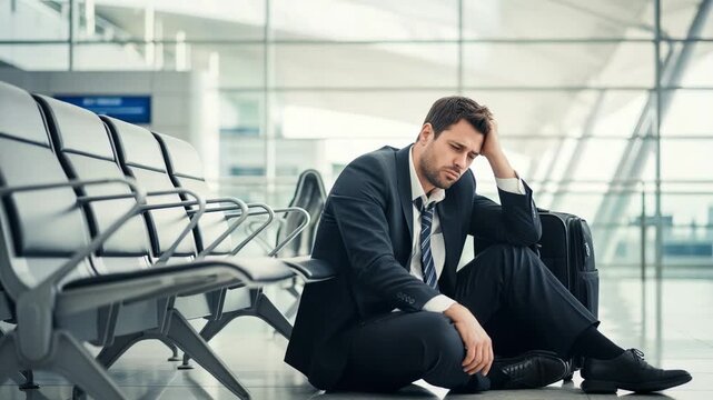 travel fatigue evident in weary corporate traveler at airport
