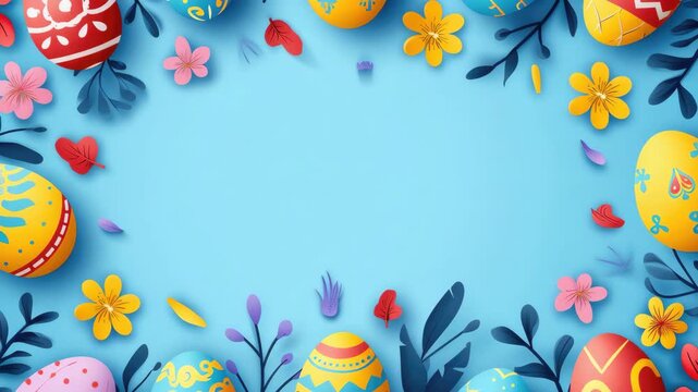 Vibrant  of Easter eggs with floral border in a whimsical style.