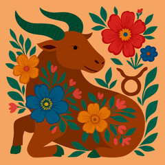 Taurus zodiac sign in boho style. Vector composition surrounded with flowers