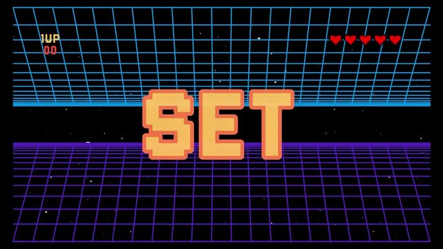  Ready set go pixel text animation. Retro vintage 8-bit game style. Retrowave background 4K resolution