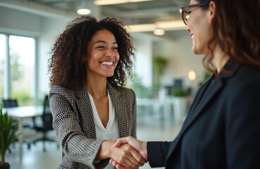 Two diverse women shake hands in a modern office after successful meeting. They smile, showing positive interaction and agreement. Colleagues form a business partnership.