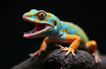 Fototapeta premium Tokay gecko opens mouth showing sharp teeth on dark background. Blue and yellow scaled reptile clings to wood branch. Closeup view of wild animal.