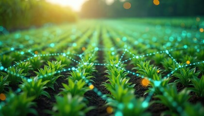 Rows of young green plants grow in soil. Digital network overlay shows data connections. Farming field gets smart tech treatment for better yield. Sunrise light.