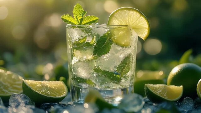 Refreshing Mojito Cocktail With Lime Mint Ice And Bubbles In Golden Sunlight Outdoor