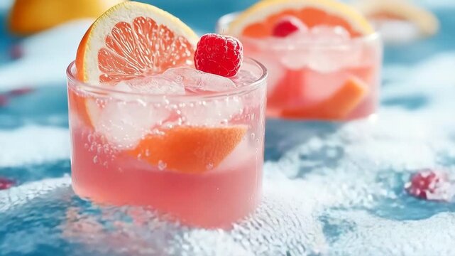 Refreshing Pink Grapefruit Raspberry Drink With Ice And Fruit Slices Close Up Studio Shot