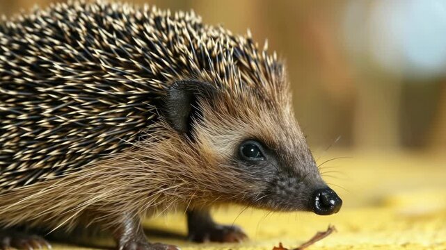 A fuzzy hedgehog with black eyes stands out against the yellow background.