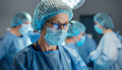 Surgery in progress: a close-up of a healthcare worker with mask and medical cap is focused on performing surgery with other team members in the background.