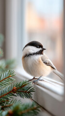 Naklejka premium Bird perched in a sunlit window with garland for holiday decor inspiration