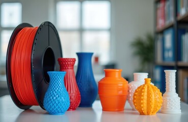 Fototapeta premium Spool of orange filament sits beside colorful 3D printed vases. Modern objects display intricate textures. Products created using additive manufacturing technology on office desk.