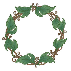 Naklejka premium A circular wreath or decorative frame made of intertwining brown vines and climbing leaves. 