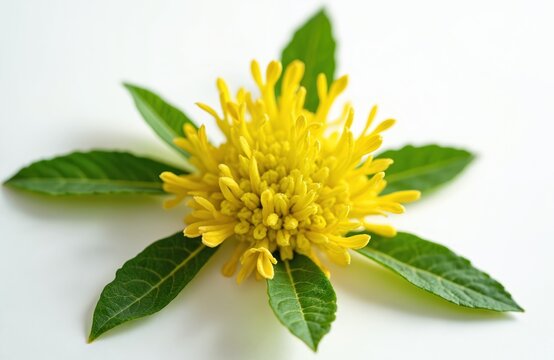 Yellow rhodiola rosea flower bloom with green leaves. Plant isolated on white background. Natural golden herb blossom, botany detail for medicine and wellness.