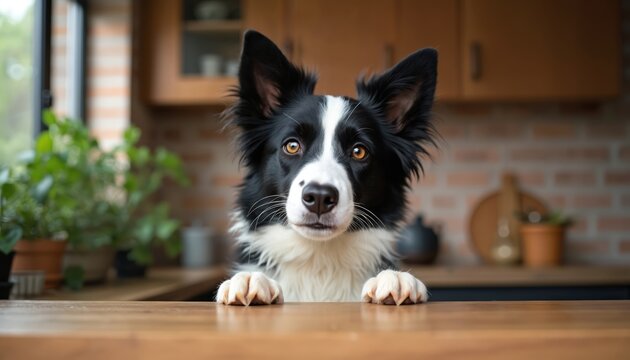 Curious border collie dog peeks over wooden table in kitchen interior. Black, white dog waits patiently with paws on table surface near houseplants. Alert pet looks attentively at viewer in domestic
