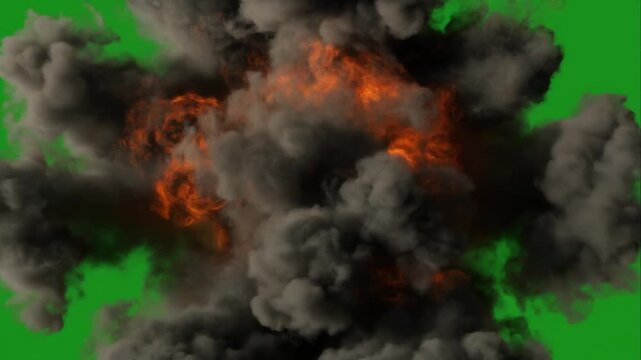 fireball explosion of bom featuring fire, thick smoke, , isolated on green screen