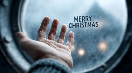 Hand reaching toward a frozen window with merry christmas message for holiday inspiration
