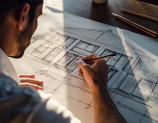 Architect Drafts A Detailed House Blueprint With Sunlight Shining On The Drawing Board Creating Shadows And Highlights On The Paper