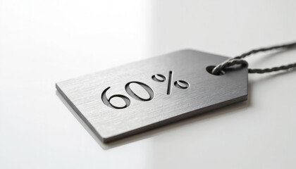 Silver tag shows sixty percent off. Clean white background enhances minimalist metallic discount label. Price reduction promo item. Shop sale offer.
