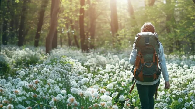 A person with a backpack exploring nature in the woods during sunset