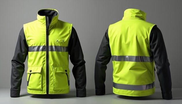 Fluorescent green safety vest with reflective stripes. High visibility garment designed for workers and security personnel. Features zip closure and multiple pockets.