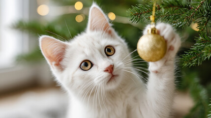 Fototapeta premium Adorable white kitten pawing at golden ornament on christmas tree branch