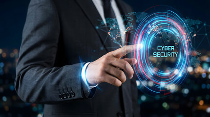 A professional interacts with a futuristic digital interface symbolizing cybersecurity, global data protection, and advanced network defense in a modern business environment.