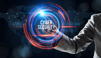 A professional interacts with a futuristic digital interface symbolizing cybersecurity, global data protection, and advanced network defense in a modern business environment.