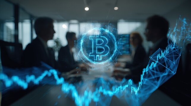 Business team in a meeting using virtual graphs and blockchain icons to discuss enhanced data security and efficiency in decentralized financial record keeping. - Powered by Adobe