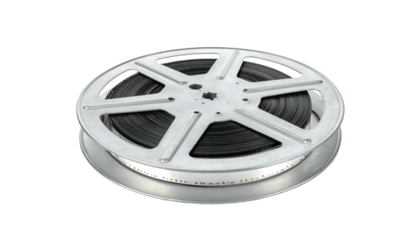 Close-up of a silver film reel with black film wrapped inside, isolated on white