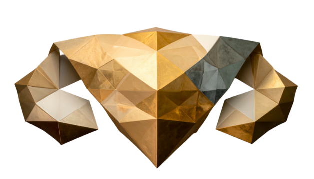 Geometric abstract art piece with angled gold, white, and gray segments floating - Powered by Adobe