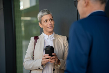 Mature woman having business conversation during coffee break