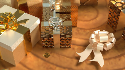 Luxurious Golden Gift Boxes with Elegant Ribbons 3d render.