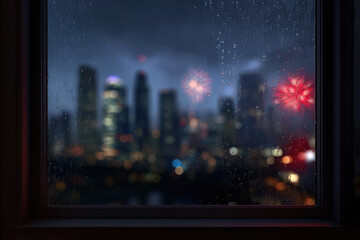 Obraz premium Sad rainy night with new year eve fireworks outside city window, blurred cityscape and raindrops on glass create moody atmosphere with colorful lights and urban skyline reflections