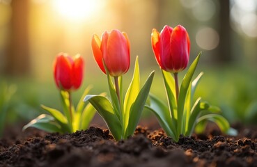 Obraz premium Close-up of red tulips growing in rich soil at sunrise. Green leaves catch warm golden sunlight creating beautiful natural spring garden scene. Life awakens outdoors.
