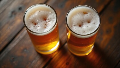 Two frothy amber beer glasses sit on dark wood table. Cold lager beverage with bubbles and foam top. Refreshing pub drink, minimal background.