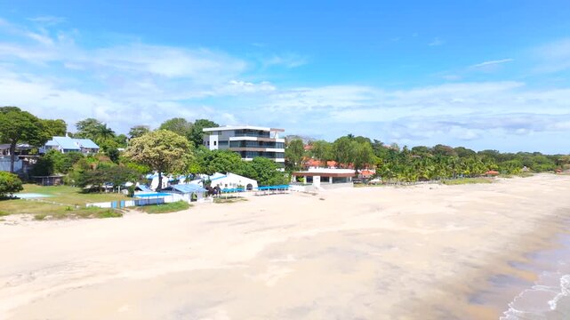 Aerial video taken with a drone on Santa Clara Beach on a sunny day with perfect weather next to the Pacific Ocean, in the province of Cocl&eacute;, in R&iacute;o Hato, Panama.	